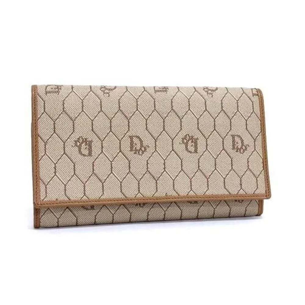 Christian Dior Wallet Honeycomb Pattern Long Wallet Beige Brown Leather